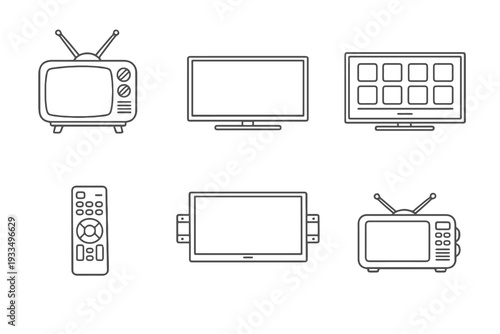 Television device outline icon set. Monochrome editable stroke vector collection isolated on transparent background for media, broadcast and streaming design.