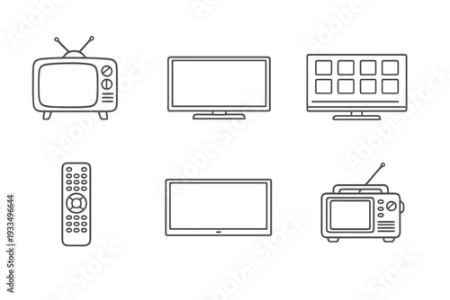 TV technology linear icon pack focused on smart screens and home entertainment systems. Monochromatic vector set ideal for digital platforms and UI design.