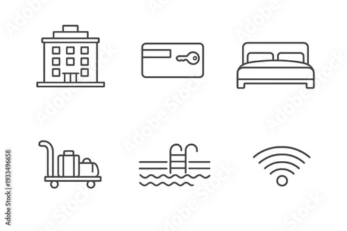 Hotel amenities outline icon set. Monochrome editable stroke vector collection isolated on transparent background for hospitality, booking apps and property listings.