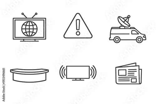 Television news linear icon pack focused on live reports and media coverage. Monochromatic vector set ideal for digital news apps and broadcast design.