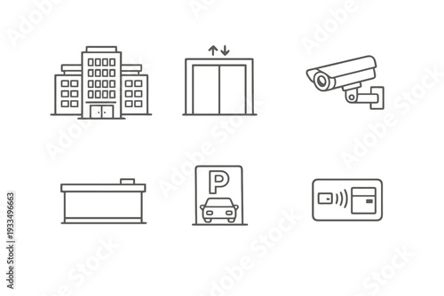 Commercial building amenities linear icon pack focused on elevator, security and parking services. Monochromatic vector set ideal for property listings and apps.