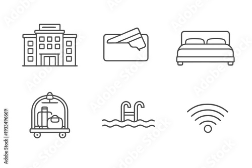 Hospitality services linear icon pack focused on accommodation facilities and guest experience. Monochromatic vector set ideal for travel platforms and real estate.