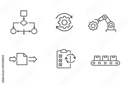 Process optimization linear icon pack focused on efficiency, automation systems and enterprise workflows. Monochromatic vector set ideal for SaaS and consulting platforms.