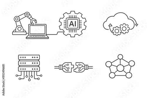 Robotic integration outline icon set. Monochrome editable stroke vector collection isolated on transparent background for AI automation and enterprise systems.