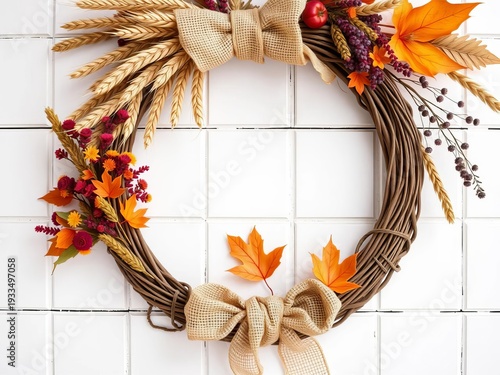 Handmade fall wreath featuring wheat stalks, dried flowers, and burlap ribbon on a white shiplap background,  autumn,  country