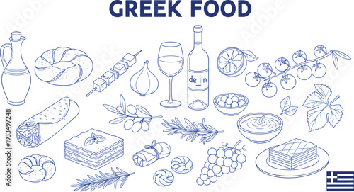 Hand-drawn blue vector illustration set of Greek food icons including gyro, moussaka, olives, feta, and wine