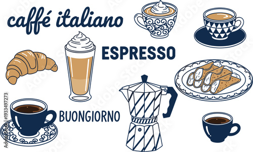 Hand-drawn blue vector Italian cafe set featuring espresso cups, moka pot, cannoli, croissant, and "caffè italiano" typography