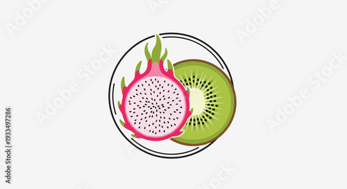 Dragon Fruit and Kiwi Fruit Illustration.