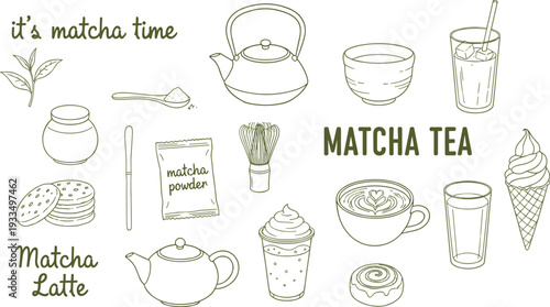 Hand-drawn green vector matcha tea set featuring traditional whisks, teapots, matcha powder, lattes, and green tea desserts
