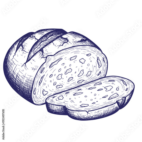 A blue sketch of a loaf of bread with two slices cut off and placed in front isolated on white background