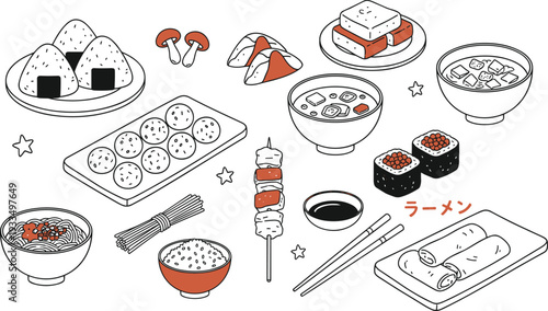 Hand-drawn Japanese food vector set with ramen, sushi rolls, gyoza, onigiri, and dango in black and terracotta