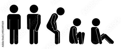 Lonely Sitting Person Silhouette Icons – Stress, Depression, Fatigue and Emotional Struggle Stickman Vector Set.