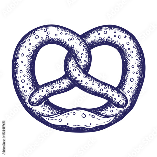 A detailed illustration of a pretzel with a textured surface and salt grains on a plain background