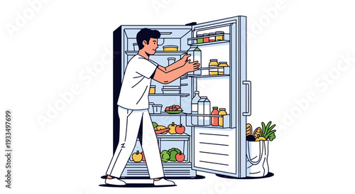 Man Standing in Front of Open Fridge.
