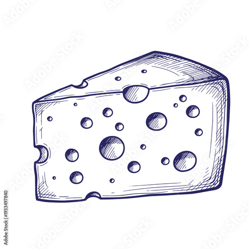 A drawing of a wedge of cheese with holes on a white background  dairy product