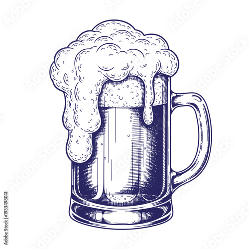 A frothy mug of beer with overflowing foam on top  a detailed illustration