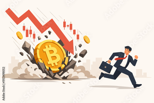Cryptocurrency Market Crash Concept with Bitcoin Coin Falling Down and Crashing into Ground, Scared Businessman Running Away from Financial Disaster, Red Downward Arrow and Stock Market Chart.