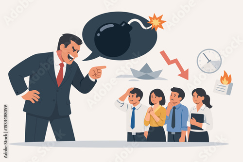 Angry Boss Shouting at Stressed Employees in Office During Business Crisis with Bomb Speech Bubble, Downward Arrow, and Burning Paper, Toxic Workplace Environment and Bad Management Vector.