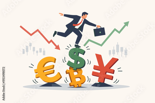 Businessman balancing on stack of currency symbols dollar euro yen and bitcoin, concept of unstable and volatile financial market, economic risk, stock market fluctuations and investment strategy.