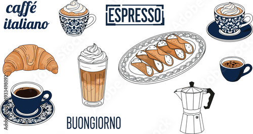 Hand-drawn navy and gold vector Italian coffee set with ornate espresso cups, cannoli, croissants, and moka pot