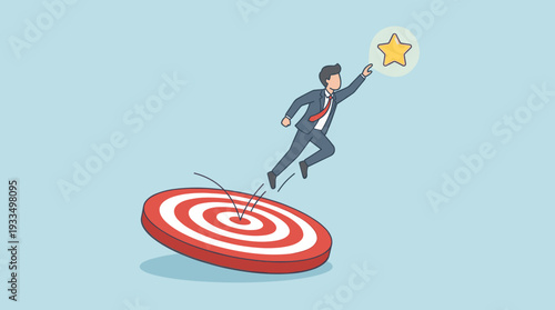 Businessman Jumping from Target Trampoline to Reach a Glowing Star, Flat Cartoon Vector Illustration Concept of Career Success, Goal Achievement, Ambition, Motivation, and Business Growth Strategy