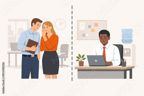 Racism in the Workplace Concept with Colleagues Whispering and Excluding a Black Employee. Flat Vector Illustration of Discrimination, Social Isolation, and Toxic Office Environment Scene.