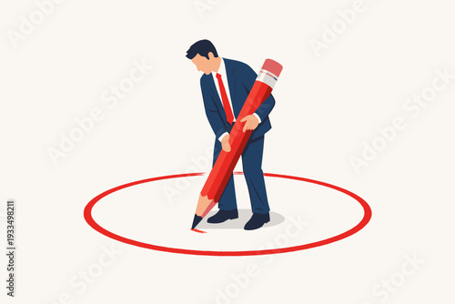 Vector Illustration of a Businessman Drawing a Red Circle with a Large Pencil to Create Personal Boundaries, Representing Privacy, Protection, Comfort Zone, and Setting Limits in the Workplace.