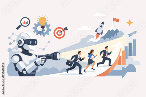 AI Robot Using Flashlight to Guide Business Team Towards Success and Growth, Artificial Intelligence Helping Professionals Find Direction, Strategy, and Goals for Future Innovation and Progress