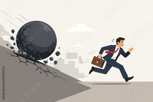Businessman Running Away from a Giant Rolling Boulder Downhill, Concept of Risk Aversion, Avoiding Crisis, Financial Danger, Business Pressure, Fear of Failure, and Seeking Safety and Stability.