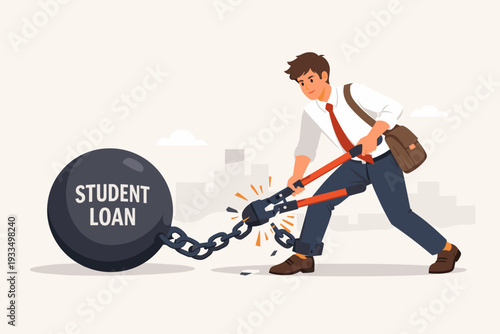 Student Loan Debt Relief Concept with Young Businessman Cutting Chain of Heavy Ball with Bolt Cutters to Achieve Financial Freedom, Education Expense Reduction and Forgiveness Vector Illustration