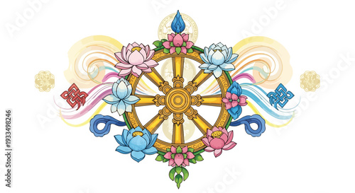 Buddhist Dharmachakra Wheel with Lotus Flowers.