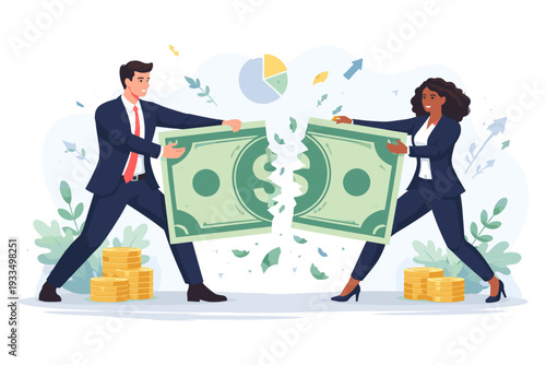 Two Business People Tearing a Large Dollar Bill Apart Representing Market Share Competition, Profit Division, Financial Conflict, Partnership Breakup, and Economic Dispute in Corporate World.