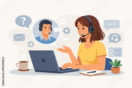 Professional Woman with Headset Talking to Customer Service Agent via Laptop. Online Client Support, Call Center Hotline, and Technical Assistance Concept with Communication Icons. Flat Vector.