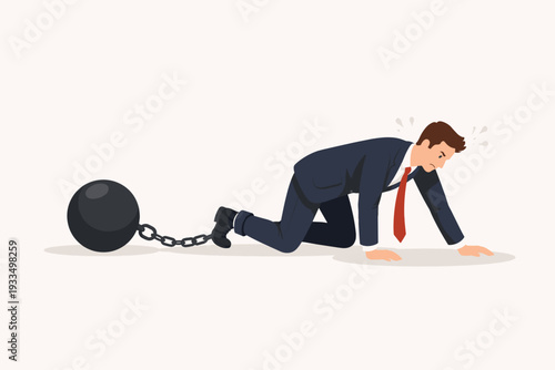 Businessman Crawling with Heavy Iron Ball and Chain Attached to Leg, Concept for Business Obstacle, Debt, Financial Burden, Depression, Stress, and Work Pressure, Flat Vector Illustration.