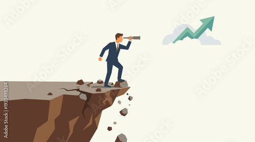 Businessman in a suit standing on the edge of a crumbling cliff looking through a telescope at a rising green growth arrow in the clouds, concept of business risk, vision, and future profit.