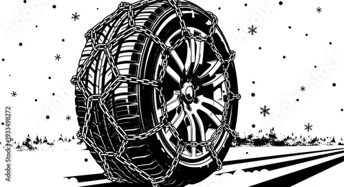 Black and white tire with snow chains winter transportation concept
