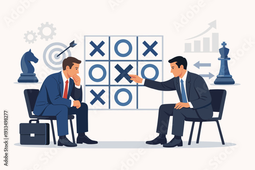 Two businessmen playing tic-tac-toe as a metaphor for business strategy, competition, and decision making. Vector illustration with chess pieces, gears, and growth charts for planning and logic.