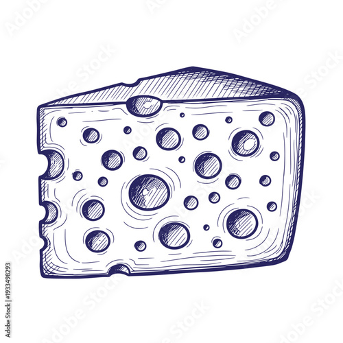A sketch of a slice of cheese with holes and a bite taken out of it on white