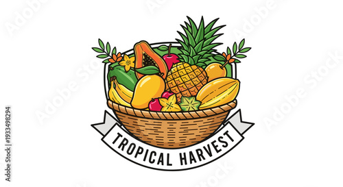 Tropical Fruit Basket Illustration with Banner.
