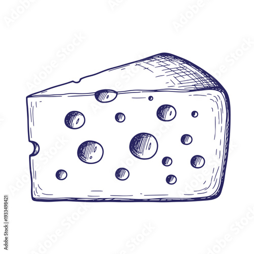 A wedge of cheese with holes drawn in a sketchy style on a plain surface transparent background