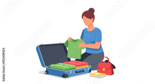 Woman Packing Suitcase with Clothes and Bags.