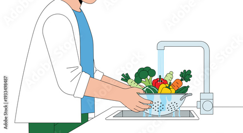 Woman Washing Fresh Vegetables in Sink 1.