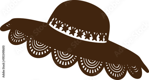 Brown sombrero hat with white decorative elements on transparent background  Mexican traditional headgear