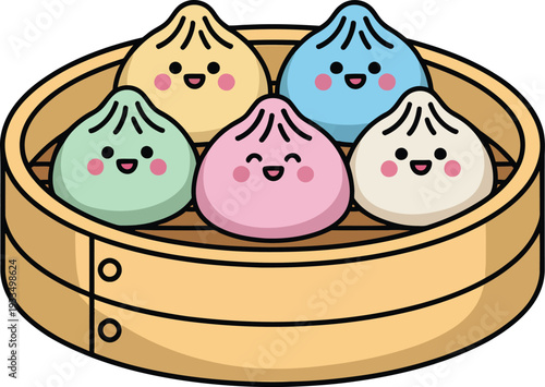 Cartoon colorful dumplings in a bamboo steamer basket with smiling faces  Asian food