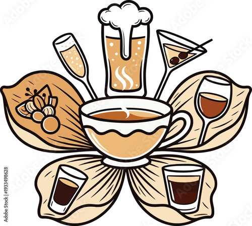 Cartoon illustration of various alcoholic and nonalcoholic beverages on napkins  coffee beer cocktail