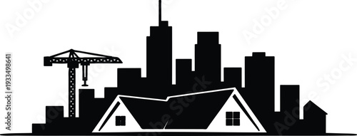 Cityscape silhouette with house crane and skyscrapers in urban landscape scene at night  modern city life