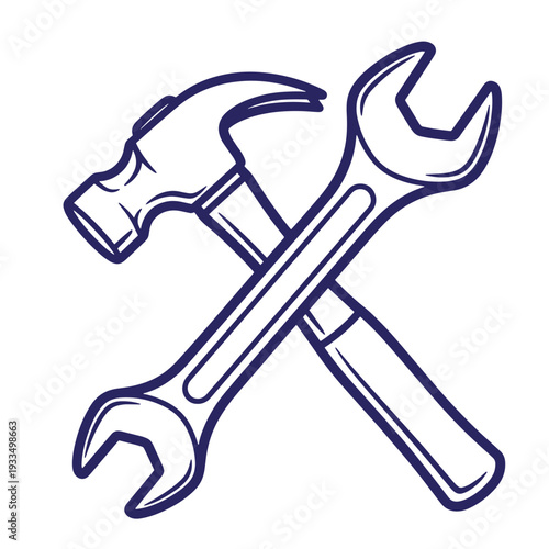 Crossed hammer and adjustable wrench isolated on white background for repair and construction concepts