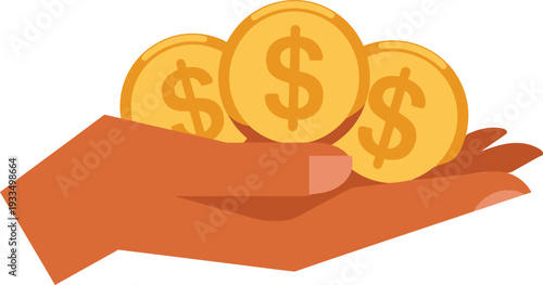 Hand holding three gold dollar coins on white background  finance and money concept