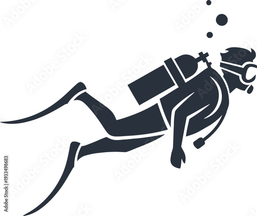 Scuba diver in full gear swimming underwater with oxygen tank and flippers on transparent background