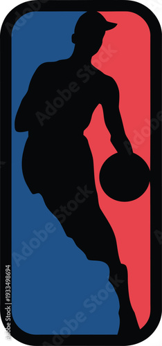 Silhouette of a man dribbling a ball on blue and red background  sports icon design